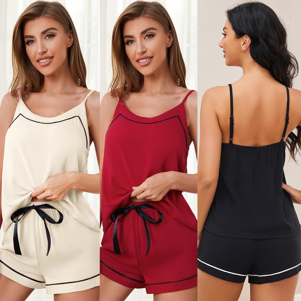 Conjunto de pijama feminino de verão estilo europeu e americano com camisola e shorts.