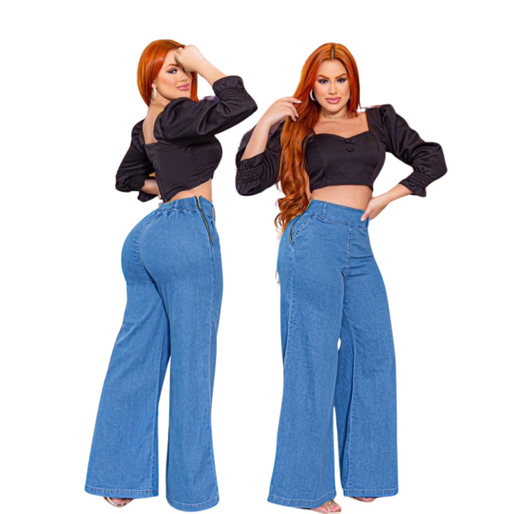 Calça Jeans Pantalona Feminina com Lycra Lavagem Clara Premium