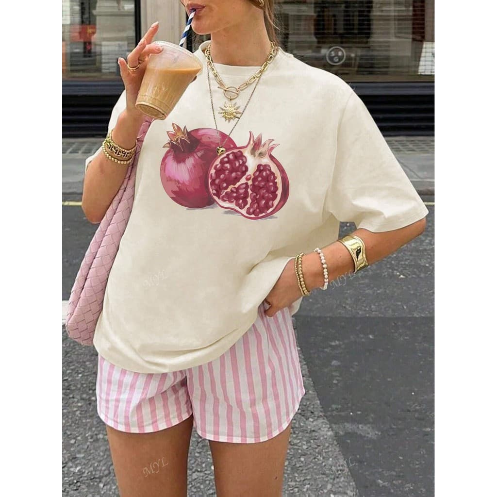 Camiseta Feminina Romã Estilo Natureza 100% Algodão Premium Fruta Elegante