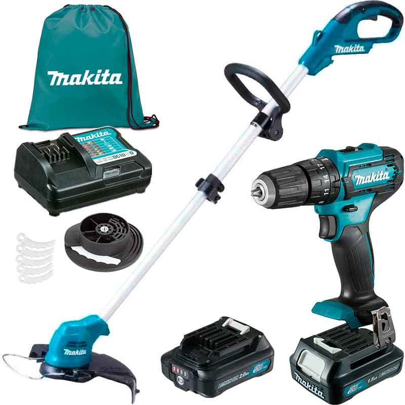 Kit Makita KitHP333+UR100 Parafusadeira Furadeira Impacto + Aparador de Grama Bateria CXT 12v 1.5Ah e 2.0Ah