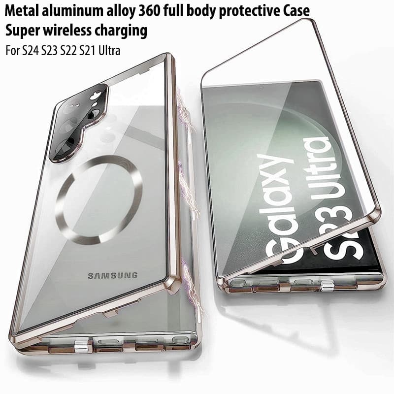 Para Samsung Galaxy S23 S24 S22 + S22plus Ultra Case Magnético MagSafe Caixa De Telefone Com Vidro Temperado Lateral Duplo Imã De Cobertura De Proteção Dura Frontal E Traseira 360