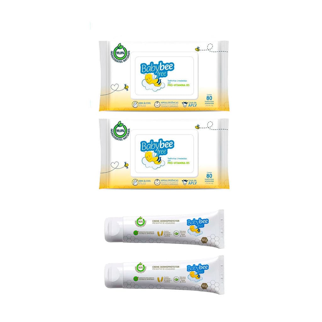 Baby Bee Kit 4un - 2un  Toalhas / Lenços umedecidas com 80un + 2un Pomada Para Assaduras Creme Dermoprotetor - 60g