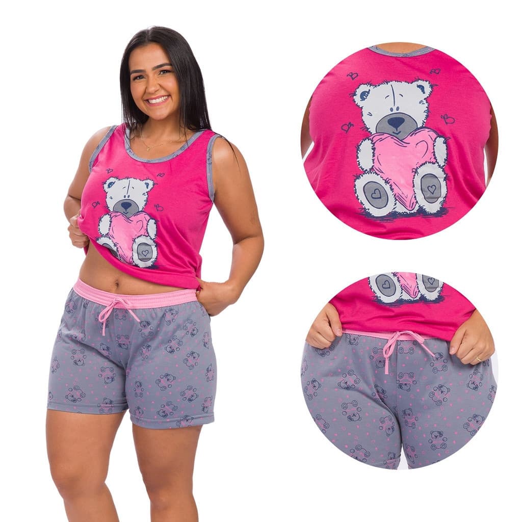 Pijama Feminino Adulto Curto Elegante Baby Doll Regata e Short Verão