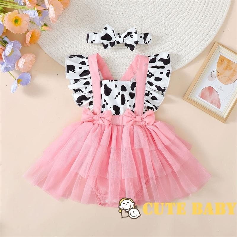 Macacão de Tule Patchwork com Estampa de Vaca para Infantil Bebês Meninas e Faixa de Cabeça,0-24 Meses