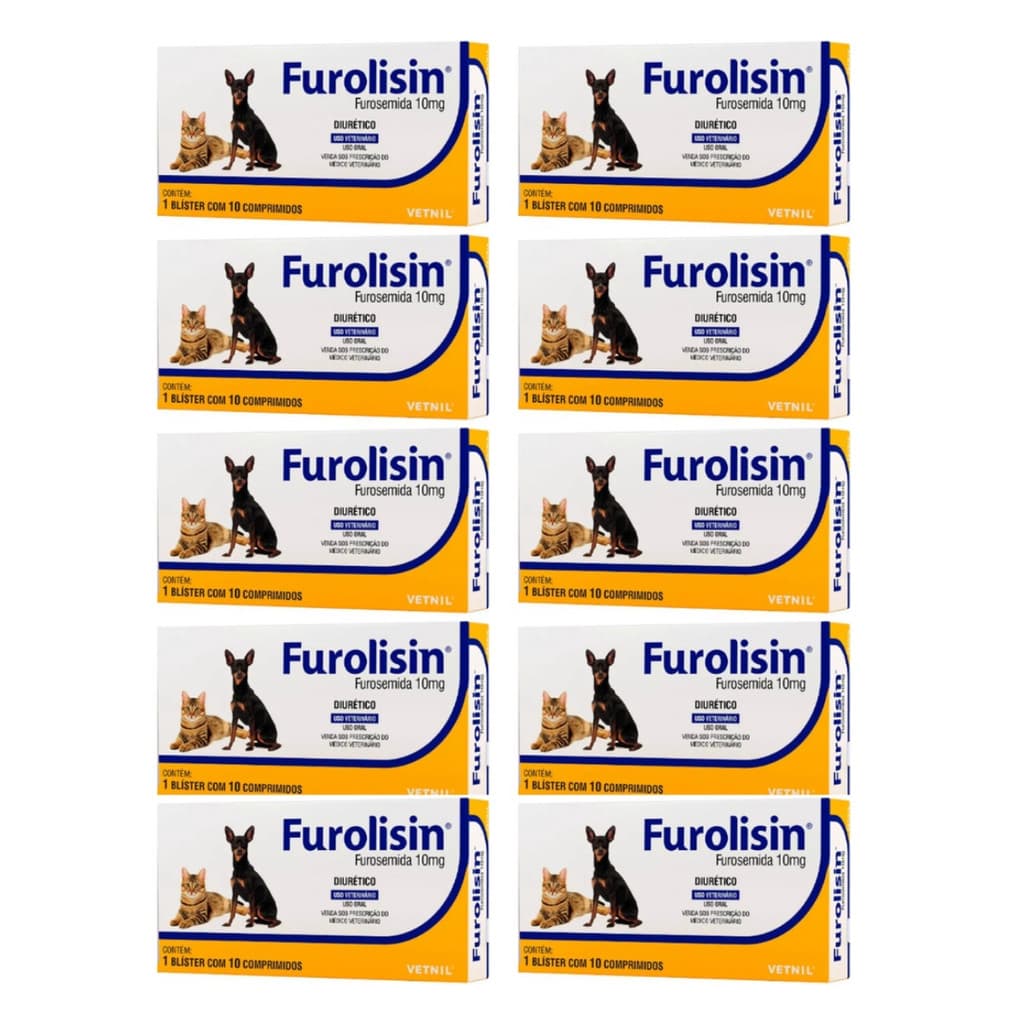 10 cartelas de Furolisin 10mg Cães Gatos Vetnil - Com 10 Comprimidos cada cartela