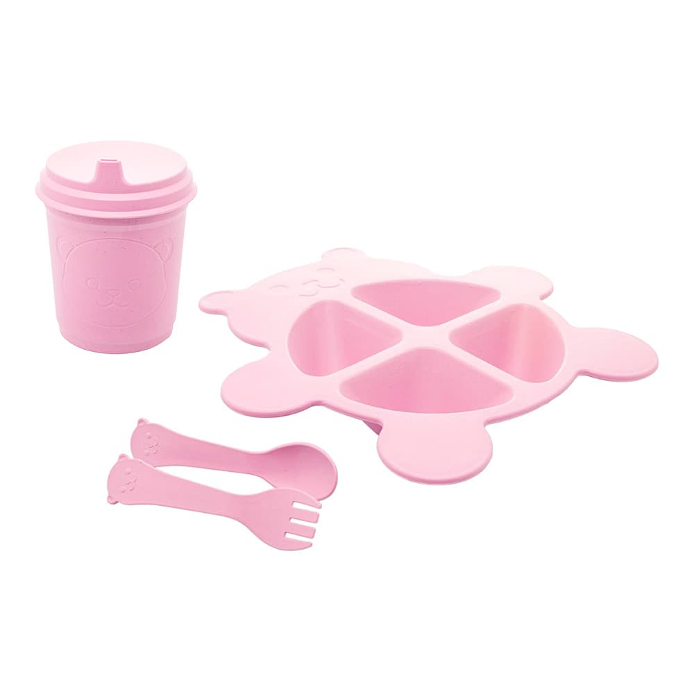 Jogo Prato Infantil Divisórias com Copo e Talheres Urso Baby Rosa Fibra de Bambu PP Lyor