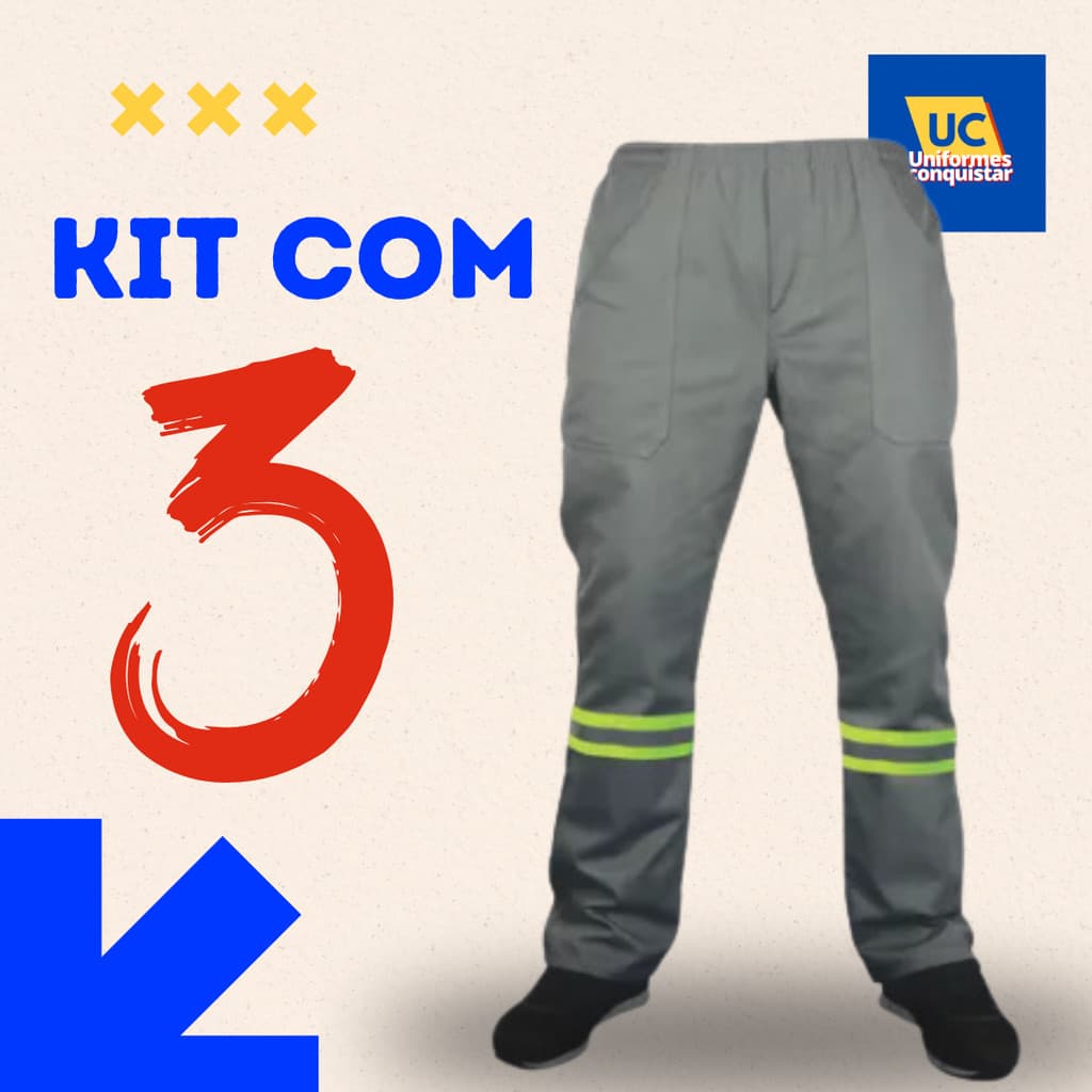 KIT COM 3 CALÇAS DE BRIM COM FAIXA REFLETIVA – Reforçada, Brim Pesado, Uniforme Profissional