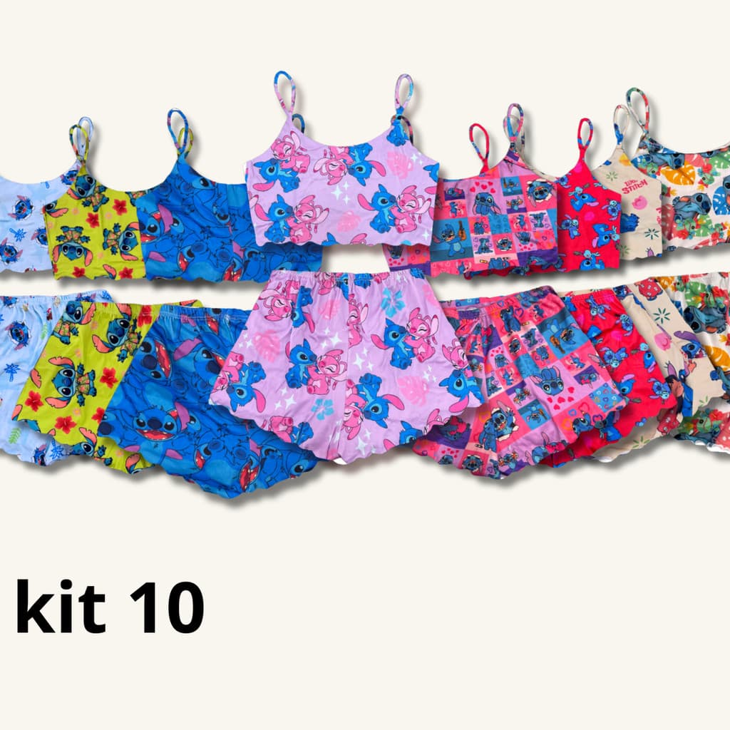 Kit 10 Pijama feminino top doll baby doll cropped alcinha verão revenda Stitch