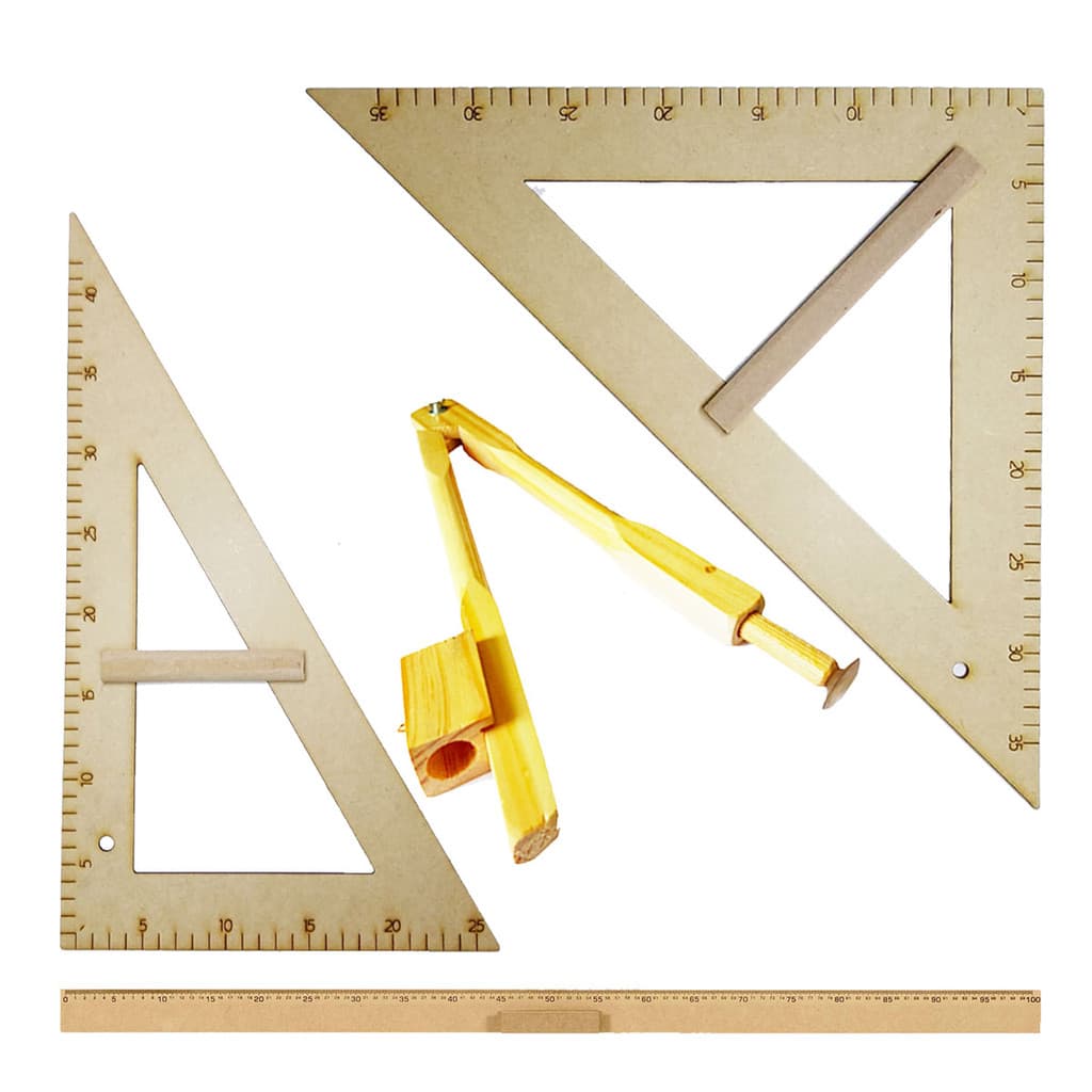 Kit Geométrico do Professor Mdf Com Régua 1 Metro + Compasso Quadro Branco + Esquadro 30/60° + Esquadro 45° SOUZA OU SB