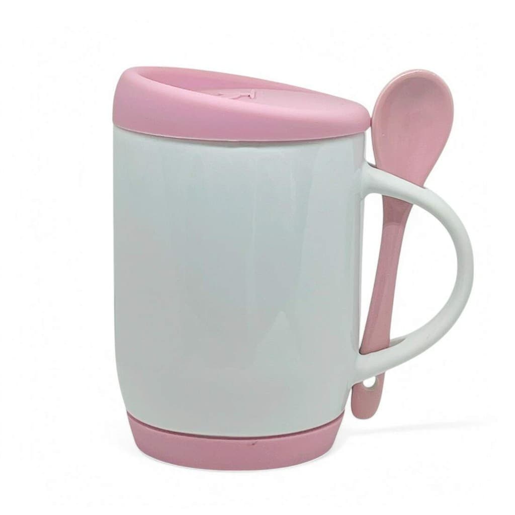Caneca de Cerâmica Branca com Colher, Tampa e Base em Silicone Rosa para Sublimação - 325ml
