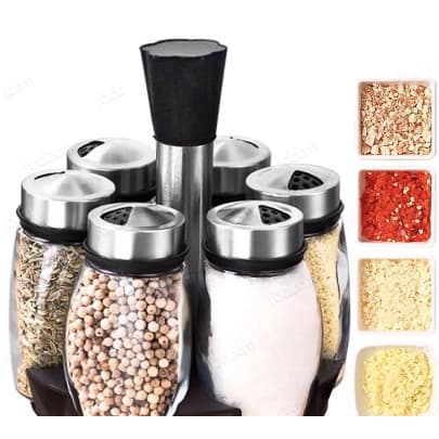 Porta Condimentos e Temperos Cozinha Giratório - Suporte com 6 Potes em Vidro + Suporte