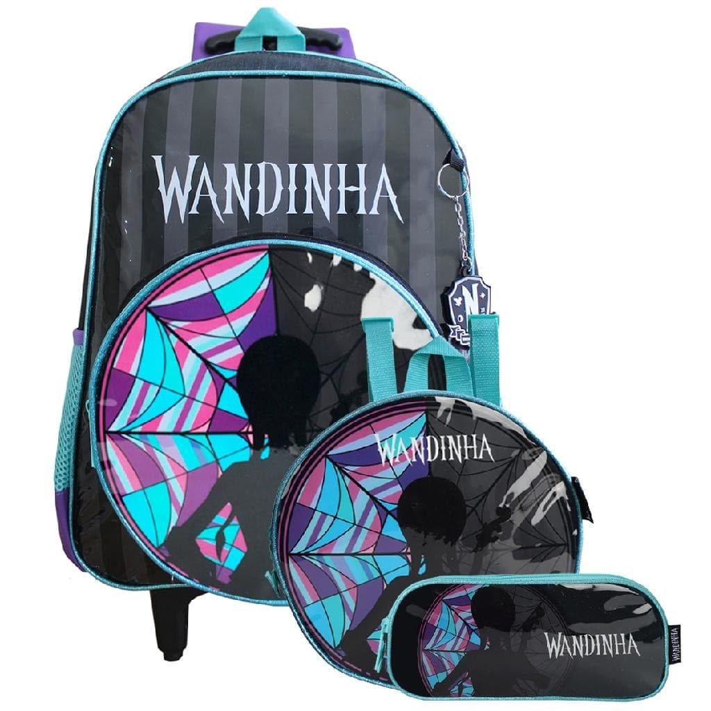Mochila Escolar De Rodas Wandinha Addams Com Lancheira Térmica + Estojo Duplo