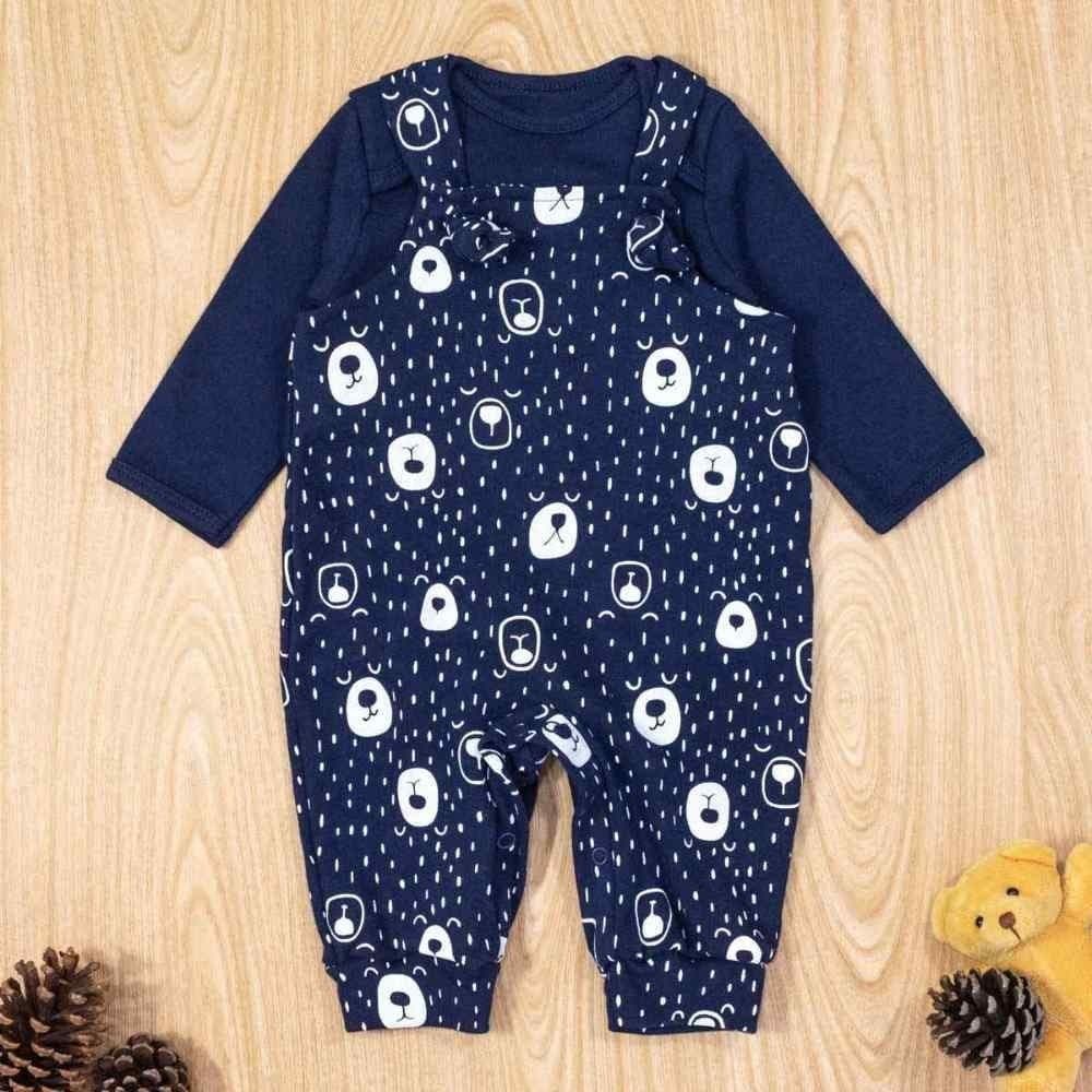 Conjunto Jardineira Bebê Body Manga Longa Urso Marinho