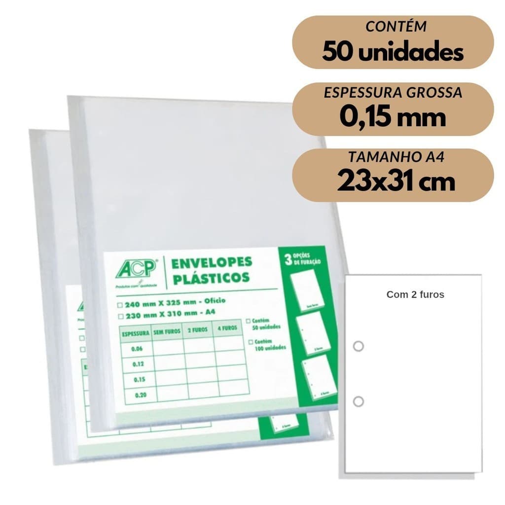 Envelope Saco Plástico A4 Acp 0,15mm 2 Furos C/50 Grosso