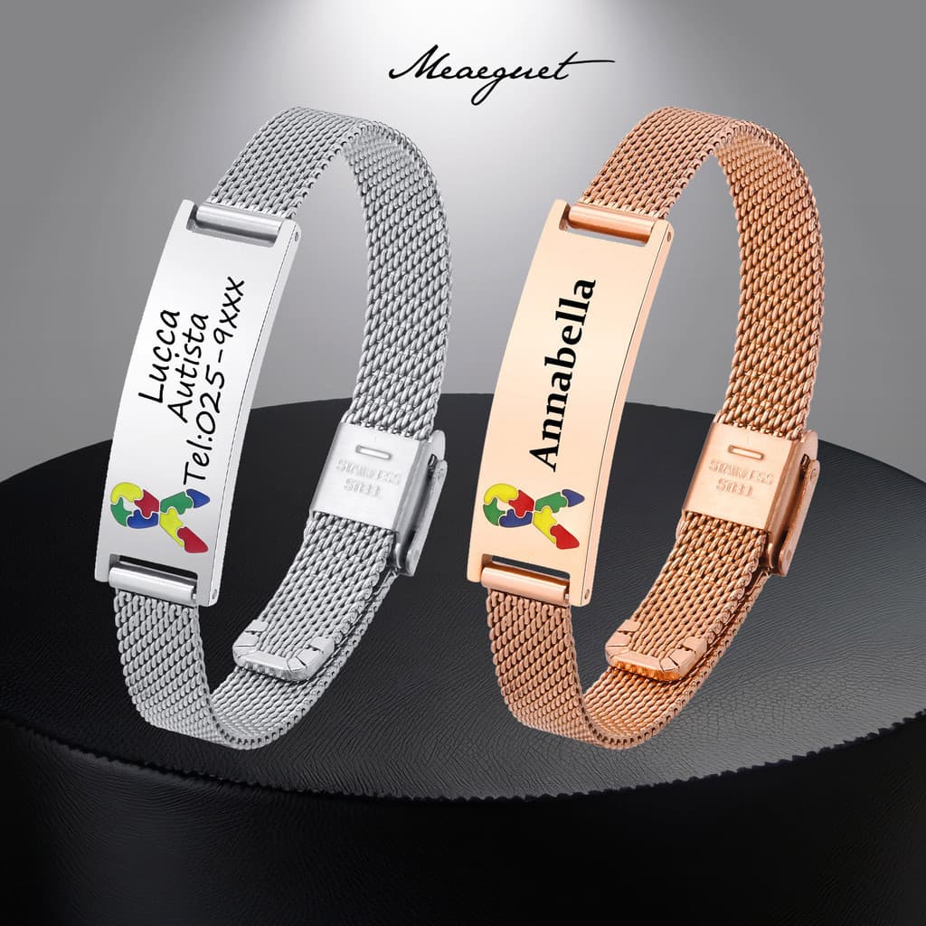 Meaeguet Pulseira Personalizada De Quebra-Cabeça Autismo , De Prata De Malha De Ouro 18K Para Mulheres Homens