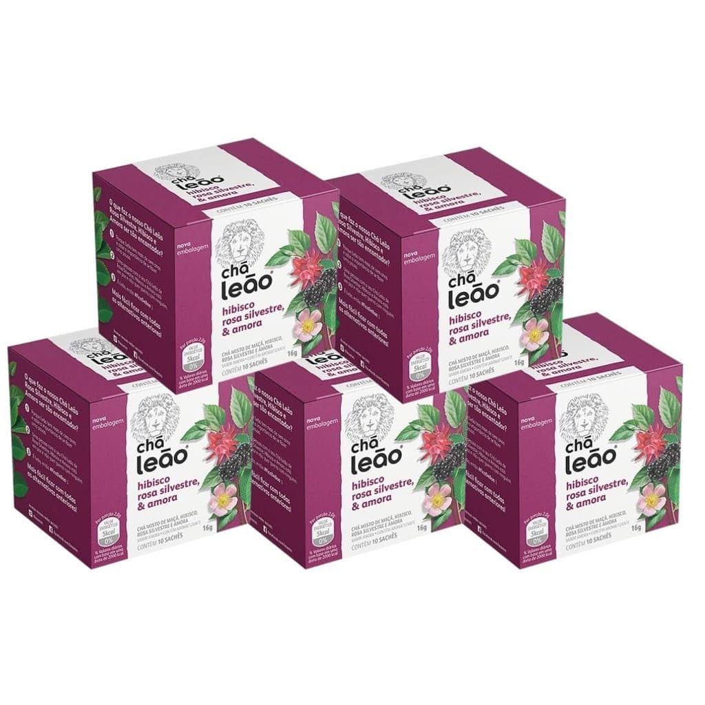 Kit 5 Chás Leão Hibisco, Rosas Silvestres e Amora com 10 Sachês Linha Frutas e Flores Leão