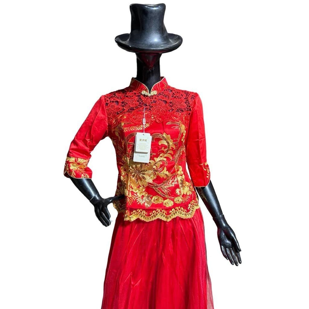 Vestido de Noiva Tradicional Chinês Qipao Vermelho Bordado