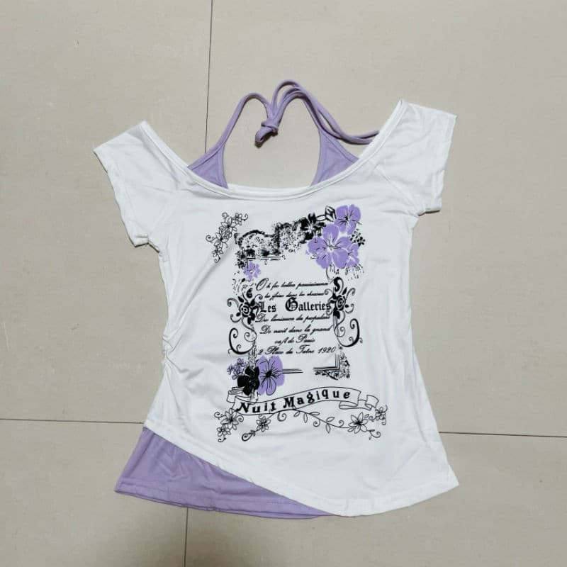 Americano Vintage Pescoço Pendurado Falso Duas Peças Camiseta De Manga Curta Para O Verão Feminino Quente Menina Curto T