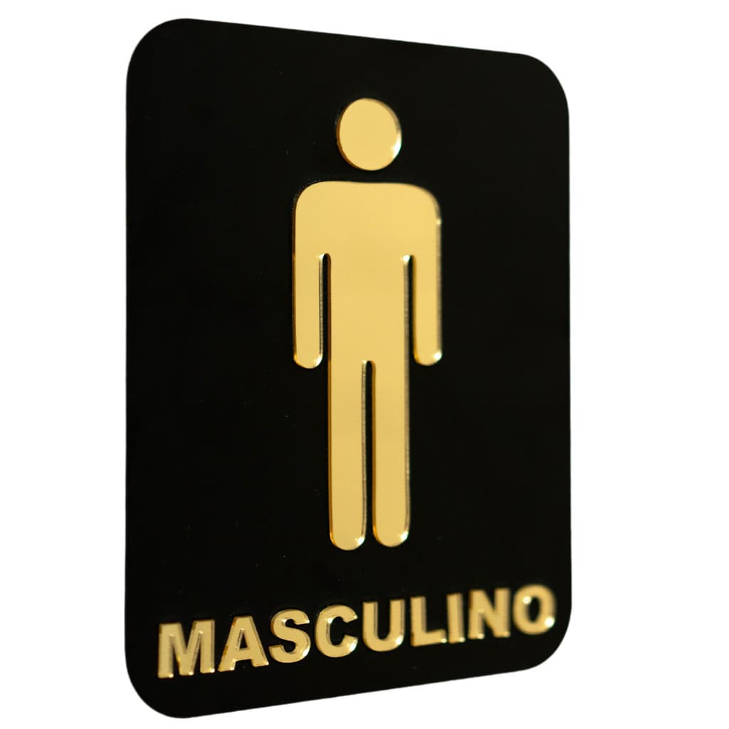 Placa Acrílico Banheiro Masculino Preto Relevo Dourado 20x15