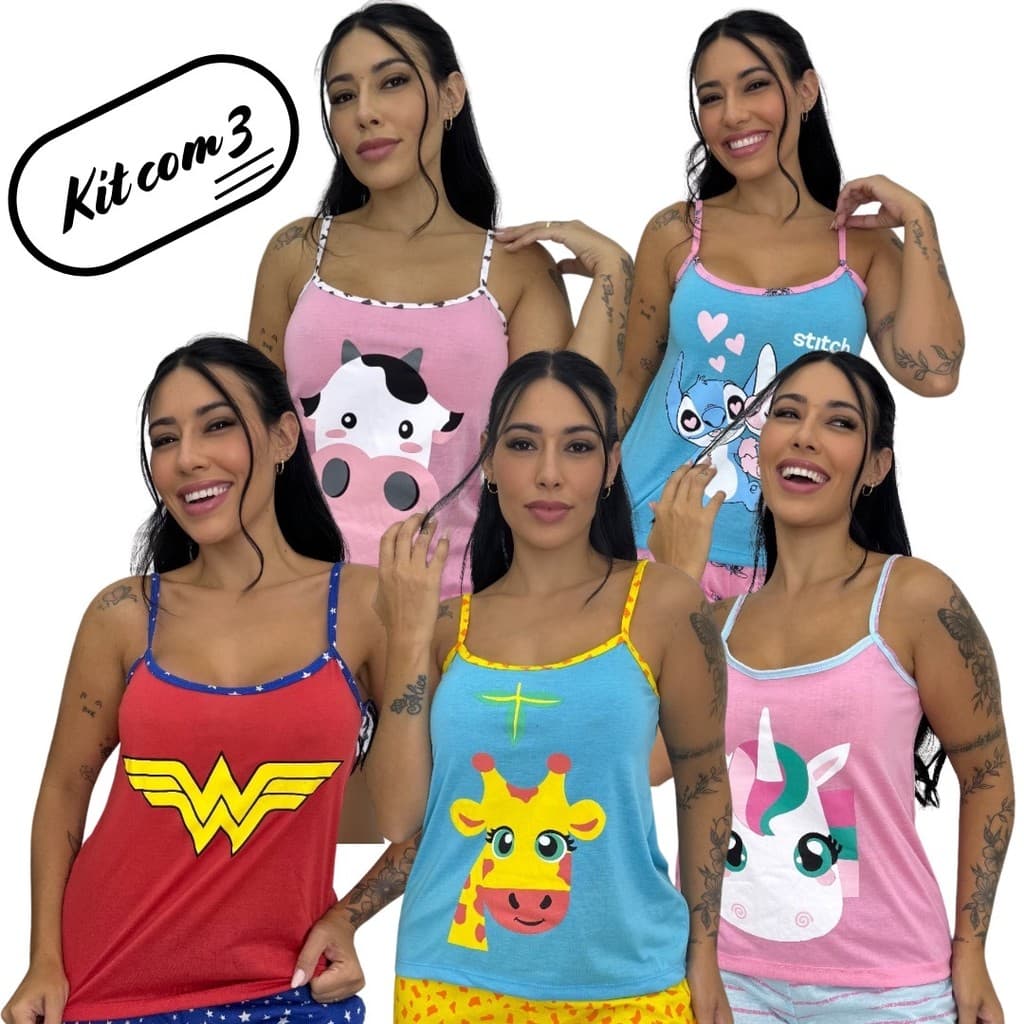 Kit 3 Baby Doll Alcinha Pijama Feminino Estampada Fresquinho Djl