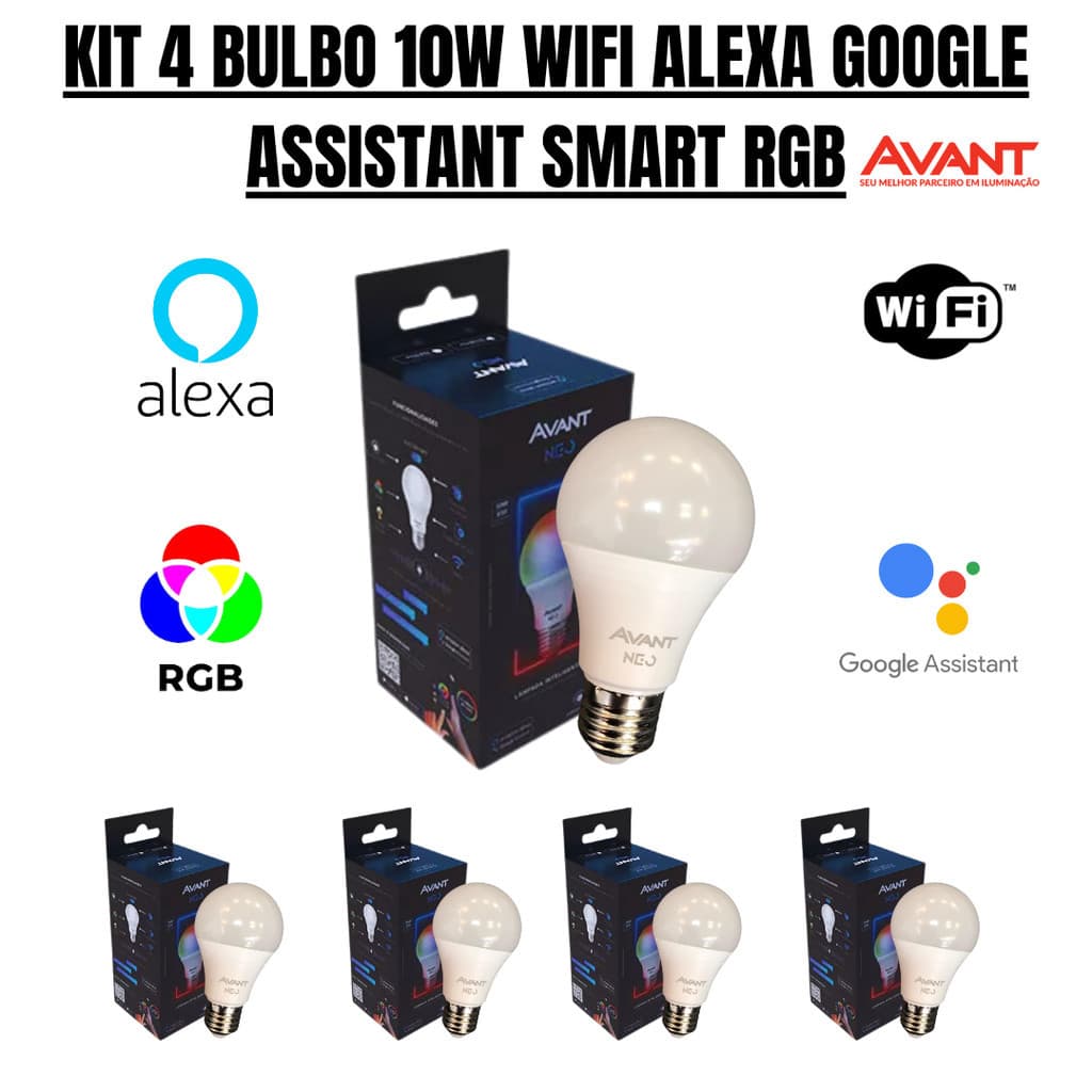 KIT 4 Lâmpada Inteligente AVANT LED Smart WI-FI Alexa 10W RGB (2700K-6500K) Bivolt