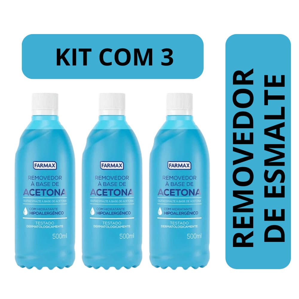 Kit c/3 Removedor de Esmalte com Acetona Farmax 500ml Nail designer Manicure Unhas de Gel
