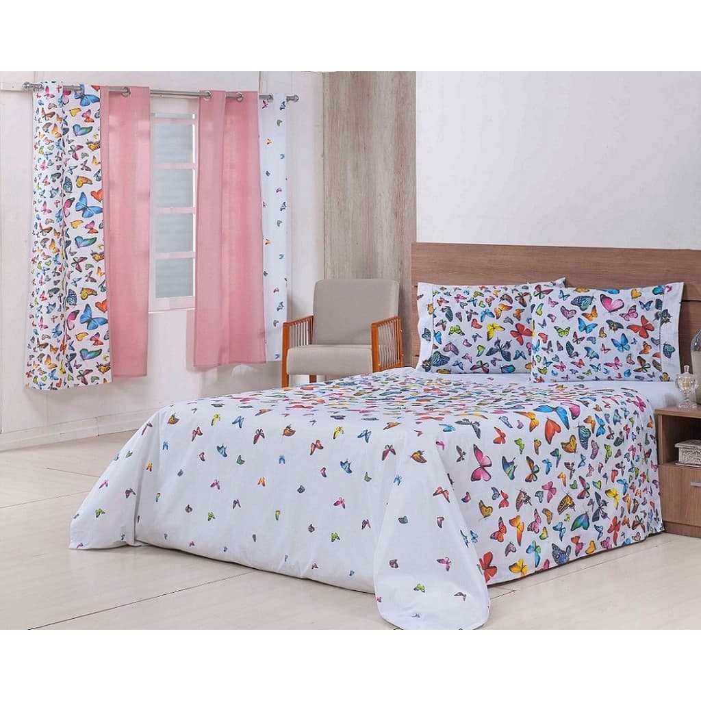 Jogo Lençol 4 Peças Cama Viúva 2,03mx1,20mx30cm 100% Algodão 180 Fios Ponto Palito Borboletas Coloridas