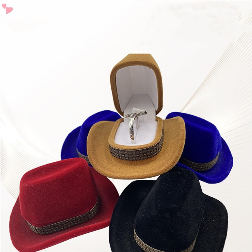 Caixa De Anéis Em Forma De Chapéu De Cowboy De Veludo Marrom Jóias Expositor Porta