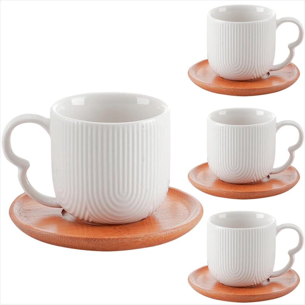 Conjunto Xícaras Café 90ml Cerâmica com Pires Bambu