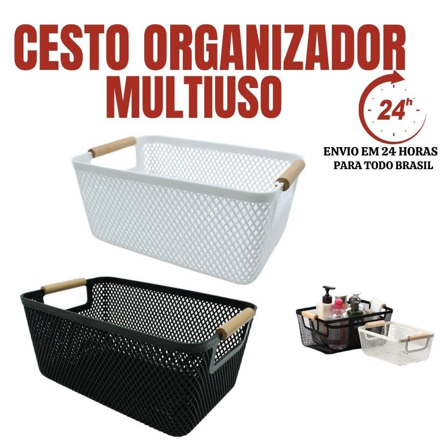 Cesto plástico Organizador Para Frutas Telado Retangular Branco preto Fruteira Com Alça De Madeira