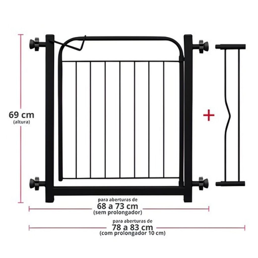 Grade Portão Portãozinho Proteção Pet 69 a 83 Cm Preto Resistente com Prolongador 10 Cm Incluso Segurança Promoção