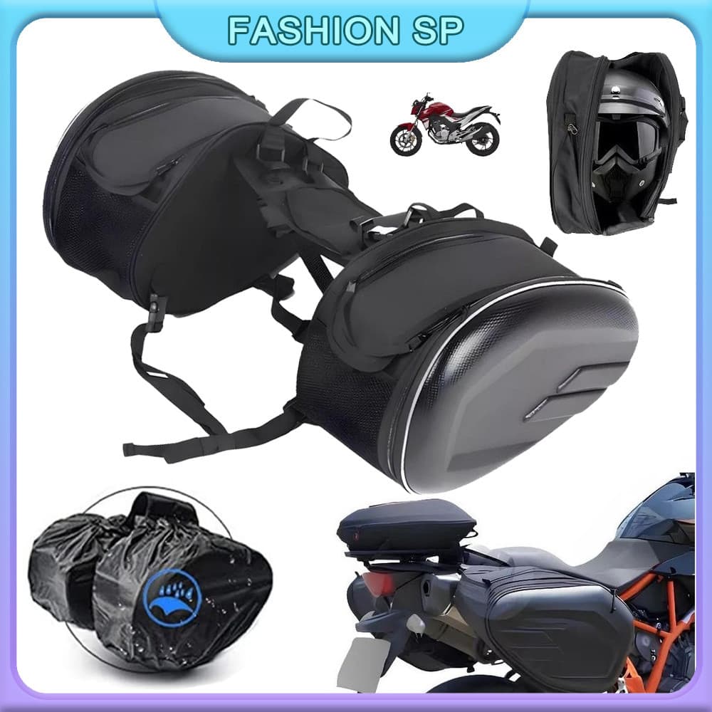 Bolsa de selim impermeável para motocicleta/capacete lateral de motocicleta, bolsas de viagem + capa de chuva, um par