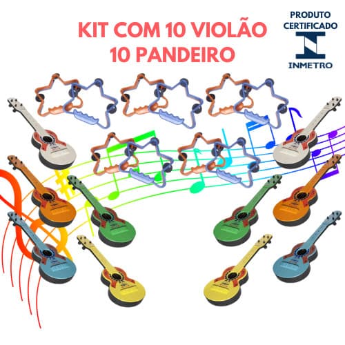Kit 10 Viola Infantil 10 Pandeiro Estrela Brinquedo Instrumentos Musicais Violão Pandeirinho