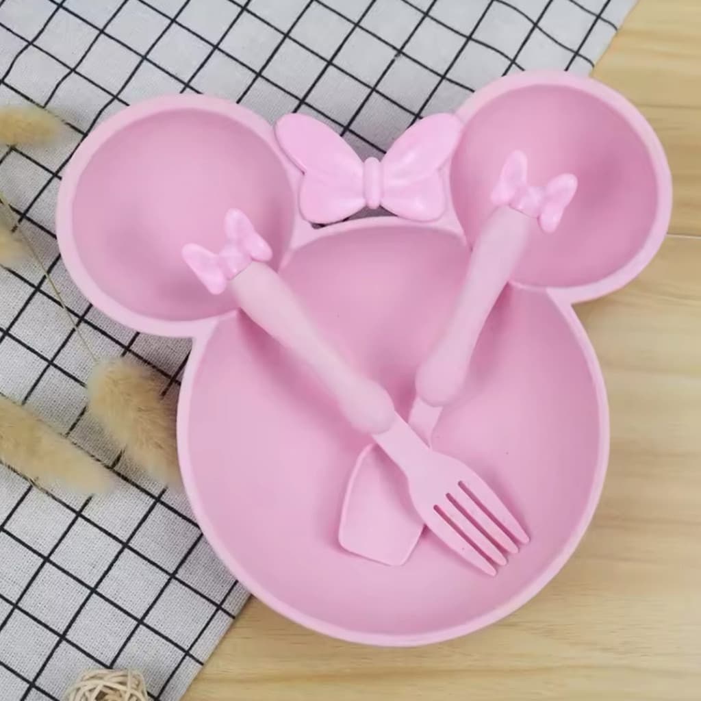 Prato Minnie Lacinho c/ 3 Divisórias Infantil C/ talheres Introdução alimentar Rosa