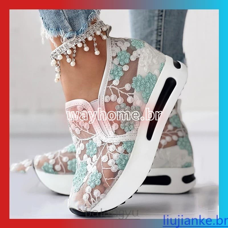 [24 horas de entrega] Mulheres Sneakers Floral Bordado Sneakers Para As Mulheres Malha Deslizamento Em Sapatos Casuais