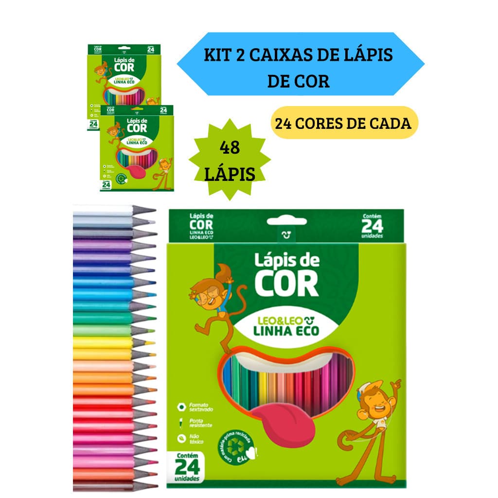 Kit 2 Caixas de Lápis de Cor Caixa com 24 Cores Escolar Sextavado Leo&Leo