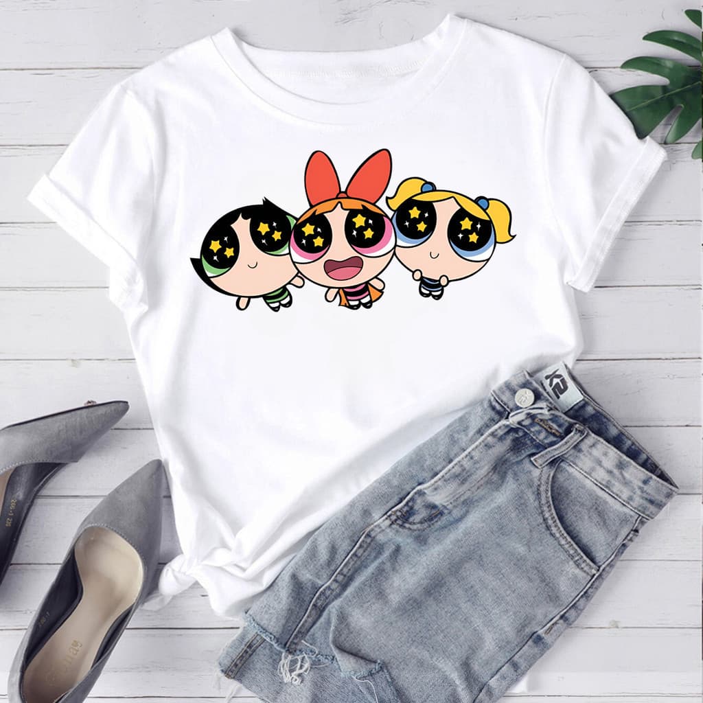 T-shirt Feminina Baby Look Estampado As Meninas Superpoderosas Manga Curta Cor Branca