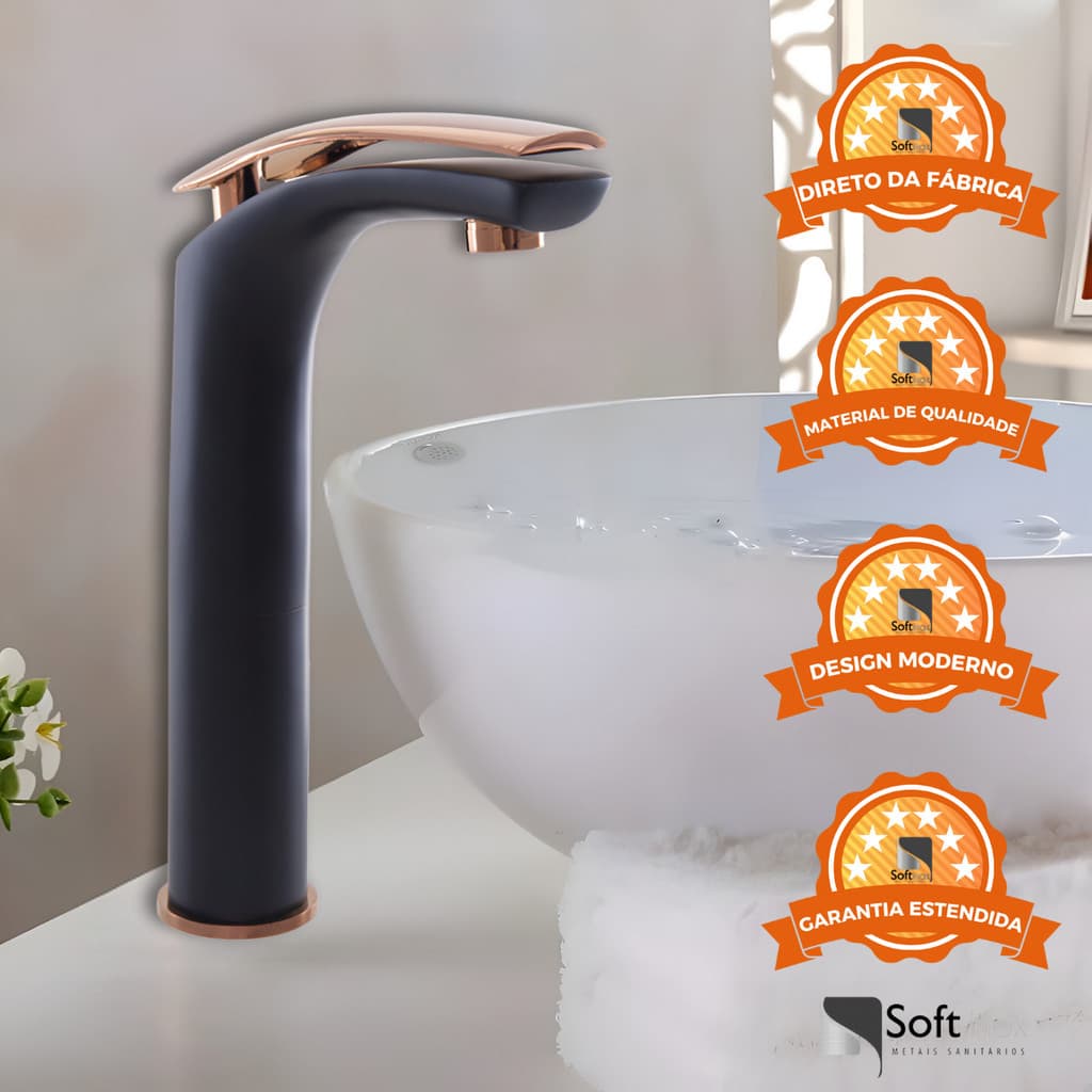 Torneira Monocomando Misturador Lavatório Bica Alta Tigris Preto/Rose Gourmet