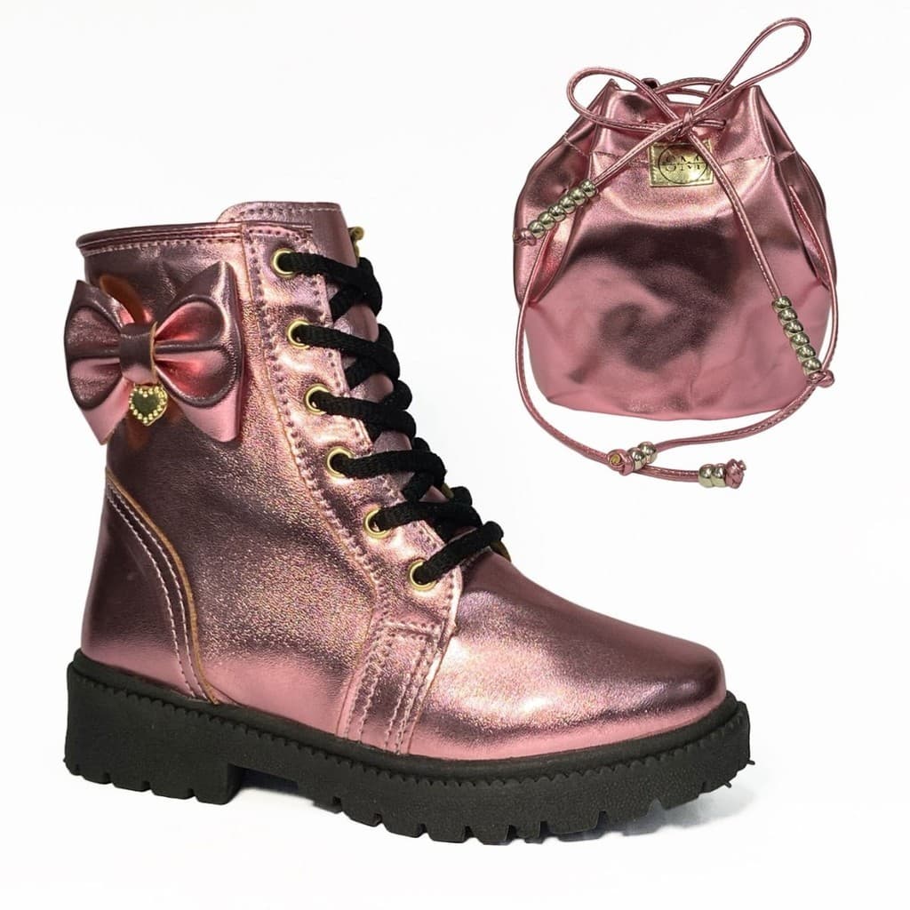 Kit Bota E Bolsa Rosa De Laço Infantil Menina 20 Ao 34