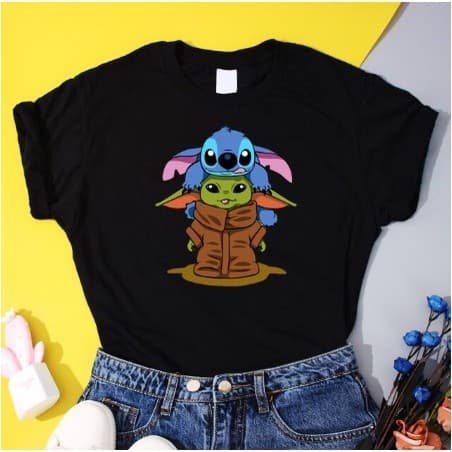 Camiseta Básica Algodão Unissex Stitch e Baby Yoda Fofo ref007 Ds