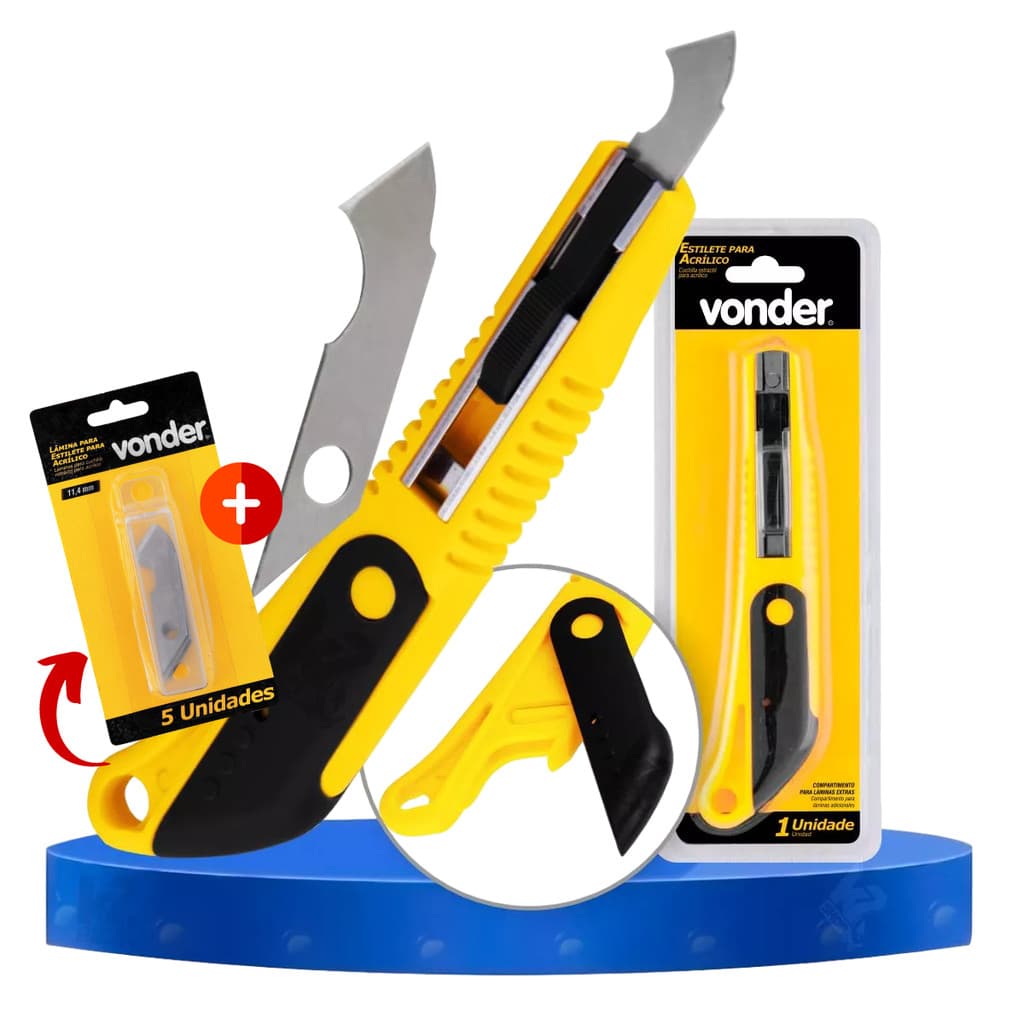 Kit Estilete Riscador De Acrilico Corte Profissional Limpo Preciso 11,4mm 2 Laminas + Cartela c/ 5 Laminas Vonder