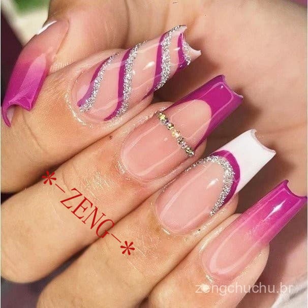 ZBAO 24 Peças unha postiça francesinha realista unhas postiças decoradas Com Diamantes