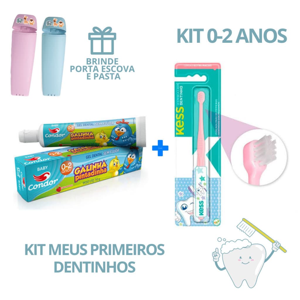 Kit Higiênico Meus Primeiros Dentinhos creme dental sem flúor e escova Kless Bebê (COM PORTA ESCOVA)