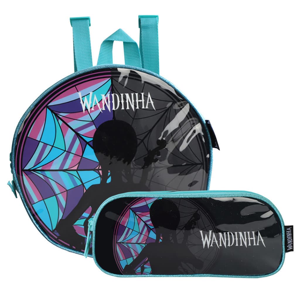 Kit Escolar Wandinha Addams Lancheira Térmica Com Estojo Duplo Azul