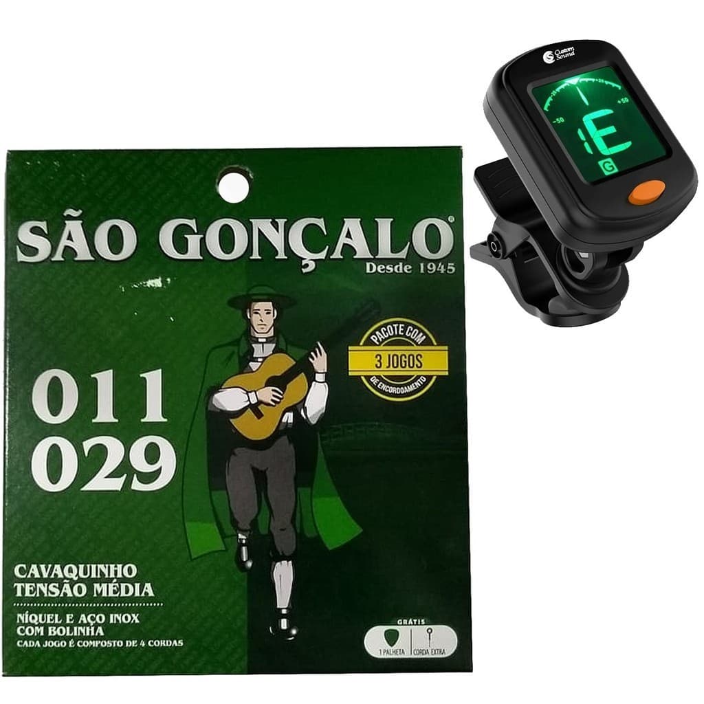 KIT 3 JOGOS DE CORDAS CAVACO SÃO GONÇALO NÍQUEL COM BOLINHA EXTRA CORDA E PALHETA + AFINADOR DIGITAL CUSTON