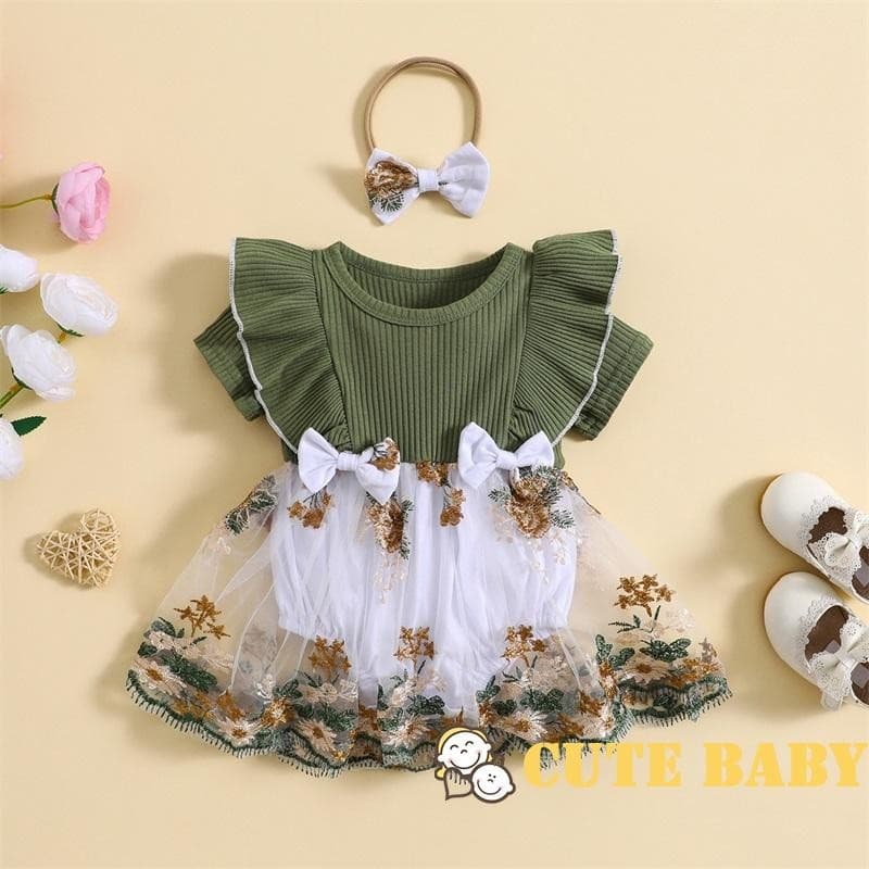 Eph-Macacão Infantil Bebê para Meninas Vestido com Bordado de Flores Body de Verão com Faixa para Cabeça,0-24 Meses