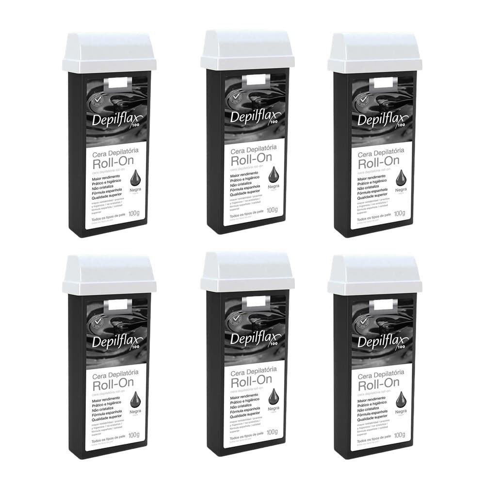 Kit c/6 Ceras Depilatória Negra Refil Roll On Depilflax 100g