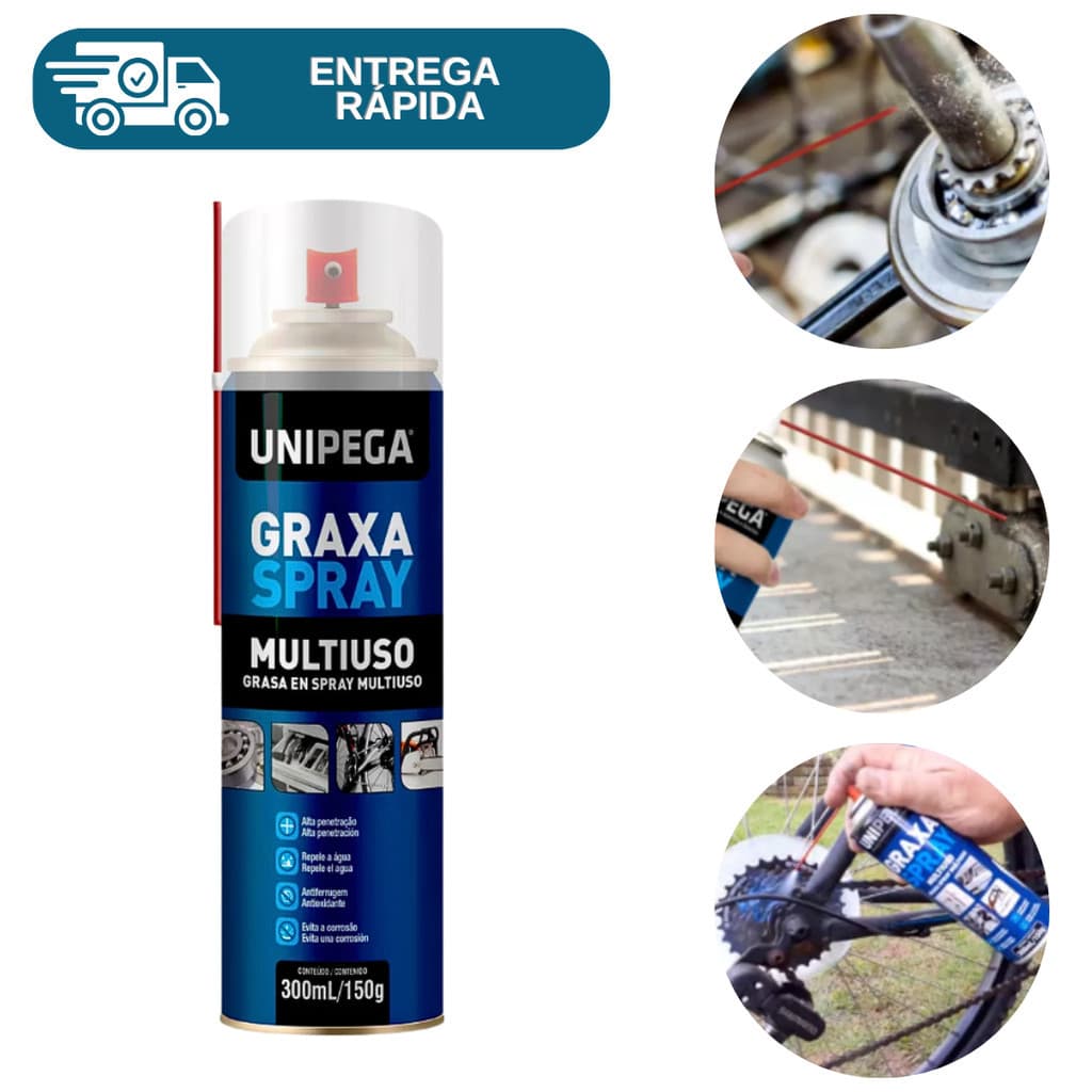 Graxa Spray Lubrificante Multiuso 300ml Unipega Bicicleta Moto Rolamento Trilho Engrenagem Eixo