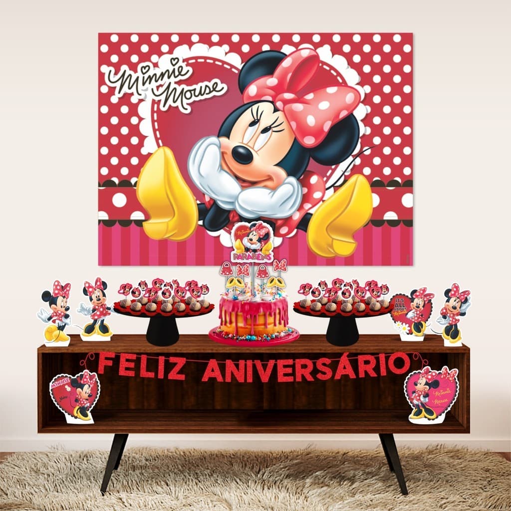Kit 39 Itens Festa Minnie Vermelha + Painel TNT Minnie Mouse FEsta Infantil