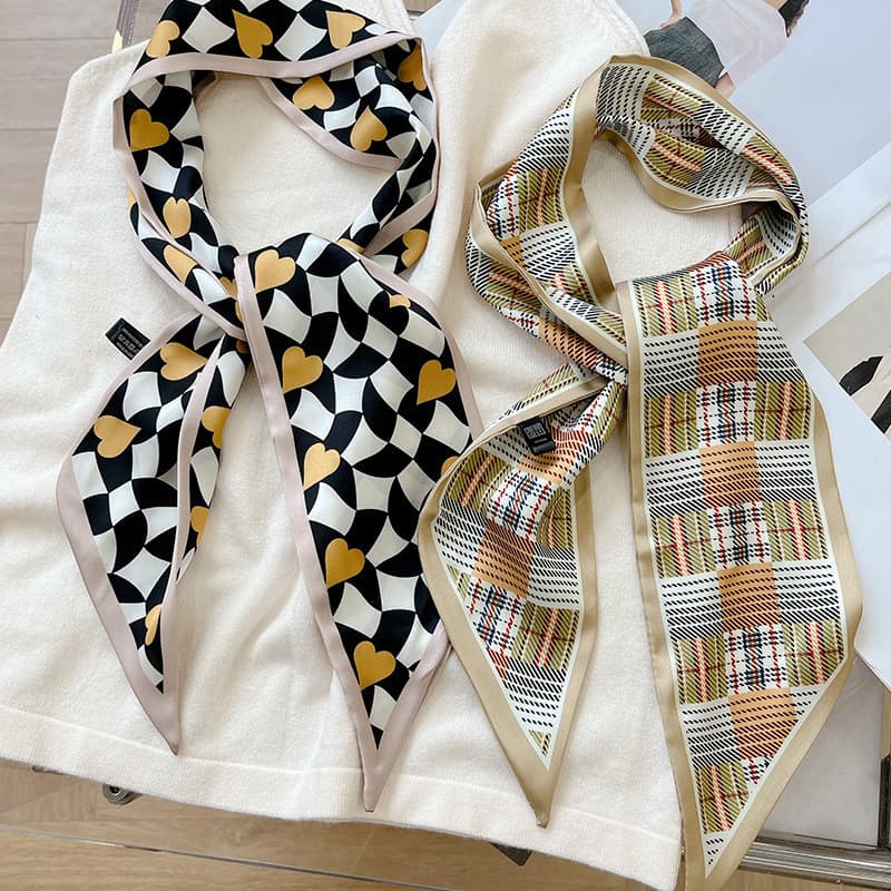 Novo lenço de seda para primavera e verão, lenço de pescoço xadrez versátil estilo coreano, fita longa para decoração de